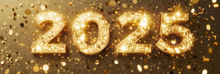 Christmas and New Year concept. Template for banner, greeting card, poster with copy space with golden fireworks and number 2025.