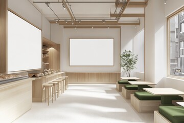 Sticker - Café interior with sofas and chairs near window, mockup wall