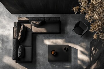 Wall Mural - View from the top of a dark living room with a sofa and armchairs