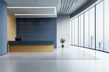 Poster - The interior of a white office waiting room has a blue reception area