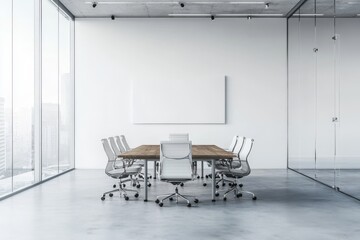 Poster - Boardroom interior with panoramic window and chairs. Mockup wall.