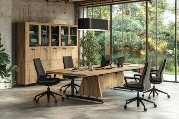 Canvas Print - With meeting board and sideboard, panoramic window, this office room is stylish and sophisticated