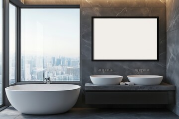 Poster - Bathroom mockup with bathtub and double sinks in luxury home.