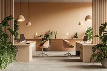 Poster - Stylish interior with coworking area, glass meeting room, mockup wall