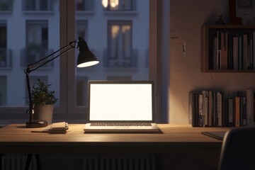 Poster - Top view of workplace interior with laptop mockup screen on wooden desk