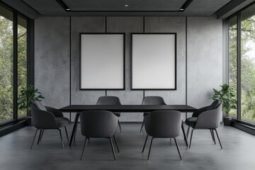 Sticker - Mockup frames depicting a modern office room with a table for meetings, a panoramic window, and a meeting table.