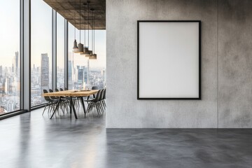 Wall Mural - 3D rendering of a modern office interior with a blank poster on the wall, wood elements, and a view of the city through the large windows.