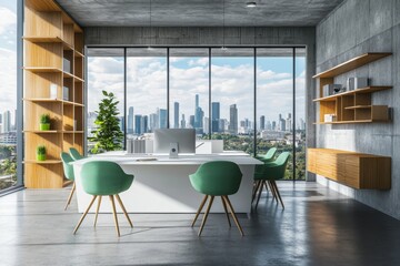 Poster - A modern coworking office with computer monitors and armchairs facing a window