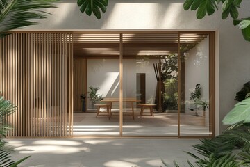 Poster - A cozy office room with a meeting board, armchairs, window, and a mock-up wall.