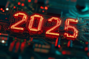 Poster - A vision of the tech era in 2025. The age of innovation. Technology period. Circuit board. A futuristic texture representing the Circuit board pattern used in electronic hardware. With a concept