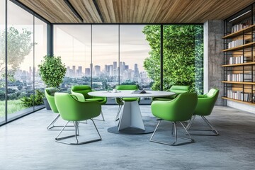 Poster - A glass conference room with a projection screen and a panoramic window