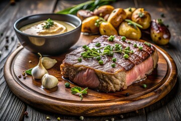 Flavorful steak entrecote with truffle aioli, trendsetter style modern, medium well cooking method, dark brown color, indulgent luxury concept opulent and sophisticated.