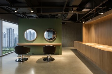 Poster - A stylish salon interior with circular mirrors and a panoramic window