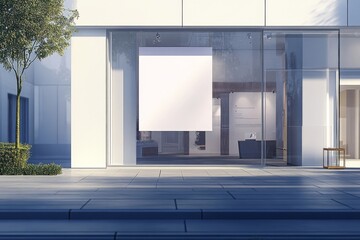 Poster - The facade of a modern building features a row of empty billboards set against a city street backdrop, mockup concept.