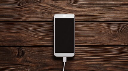 A white smartphone charger rests on a brown wooden surface. 