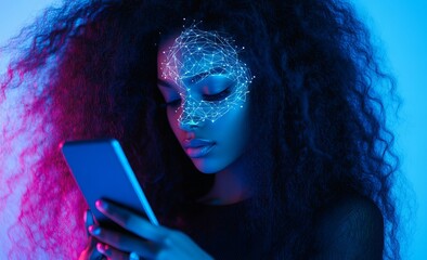 Poster - An African-American businesswoman uses a facial scanner while using her smartphone