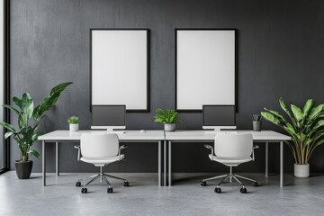 Poster - Mockup frame of an attractive coworking room interior with computers and drawers.