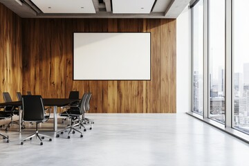Poster - An office interior with a meeting table, chairs, TV display, and a window features a minimalist design