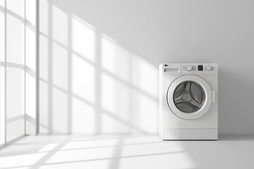 Poster - An interior rendering of a grey home laundry with a washing cabinet, sink, window, and mockup of a wall.