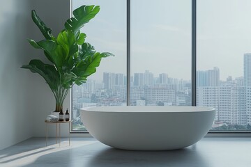 Sticker - A mockup of a home bathroom interior with a tub, table with accessories, and a window.