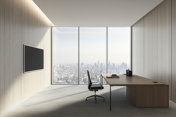 Poster - This is a mockup of a living room interior with a workspace and television display, along with a window.