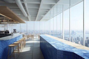 Poster - Featuring a bar island and dining space, a panoramic attic window, a bright cafe interior