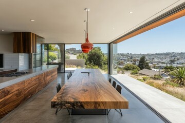 Poster - A stylish kitchen interior with a bar island and an eating area close to a window