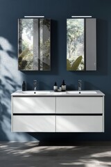 Sticker - An elegant bathroom vanity with blue basins, large mirrors, white cabinet and floor, minimalist design. This is a 3D rendering of the bathroom vanity.