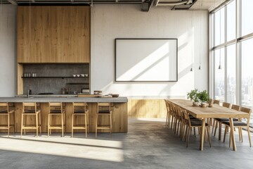 Poster - Kitchen interior with dinner table and panorama window. Mockup.