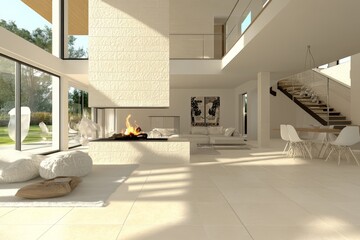 Poster - Interior of a light, bright living room. Decorated with soft spots and a window. Wall mockup.