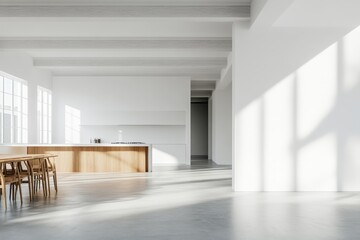 Poster - Kitchen mockup with dining area, window, and mockup wall