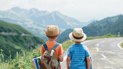 Two boys exploring mountain landscape with sketchbooks