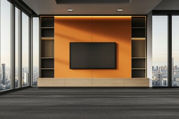 Poster - Living room interior with tv screen, window, and relax place. Mockup wall.
