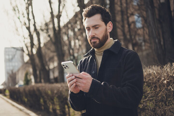 Aufkleber - Photo of handsome confident man wear stylish clothes walk city street autumn day weekend use gadget