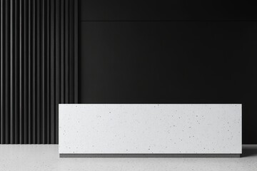 Poster - Office interior with empty reception desk and laptop, mockup of wall