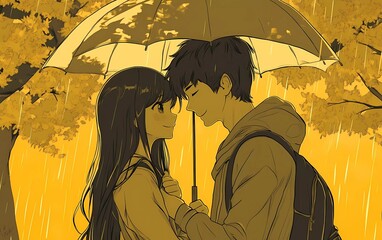 An anime-style cartoon depicting a couple in love, sharing an umbrella on a rainy day.