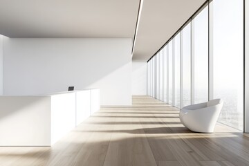 Poster - the concept of workspace is shown in 3d, based on a mockup of an empty white wall mockup, wooden flo
