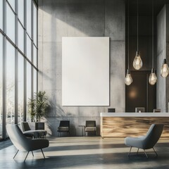 Poster - An office interior with a reception desk and a waiting area with a mockup frame