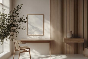 Poster - An interior mockup of a stylish home office room with a desk and pouf.