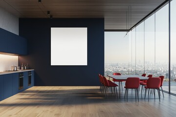 Poster - Mockup frame of a colored food preparation area of a home kitchen with eating table and window.