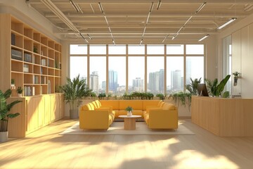 Wall Mural - An interior design of an office living room with a soft place, a shelf, and a panoramic window that is colored