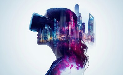 Poster - Profile of a businesswoman in VR glasses working in a metaverse, surrounded by skyscrapers