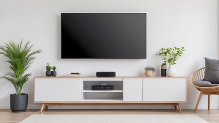 Wall Mural - Modern living room interior with TV, entertainment unit, plants, and a chair.