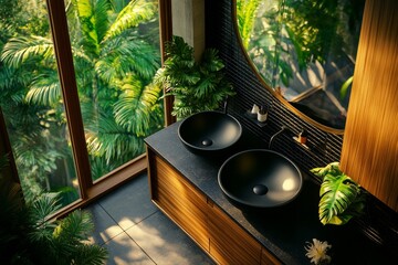 Wall Mural - Stylish bathroom interior with sink and window from the top