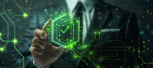 Aufkleber - The businessman focuses on business growth with digital tech, ecofriendly technologies, sustainable innovations, and modern solutions, reflecting a techsavvy, modern, and ecofriendly approach