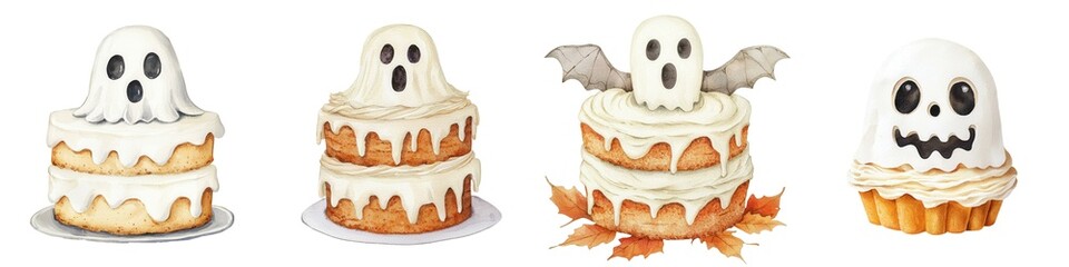 Adorable Halloween-themed ghost cakes with white icing and cute spooky faces, perfect for festive celebrations and parties.