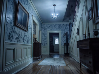 Wall Mural - A hallway with a white door and a black framed picture on the wall. The hallway is dark and empty