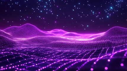 Leinwandbilder - Abstract ultraviolet landscape in a dark background featuring a purple cyberspace grid and a high tech network The image depicts a violet starry outer space texture Vertical orientation 3D cartoon