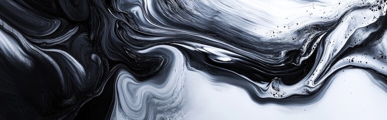 Aufkleber - Abstract flow acrylic and watercolor flow marble blot painting in a 3D cartoon rendering Black and white color wave horizontal texture background