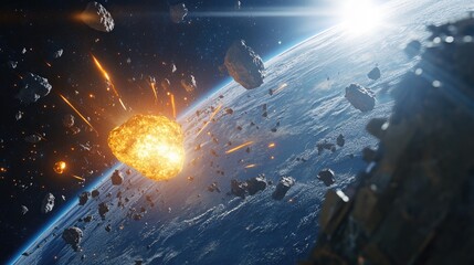 Poster - Cartoon rendering in 3D depicting an asteroid attack on Earth